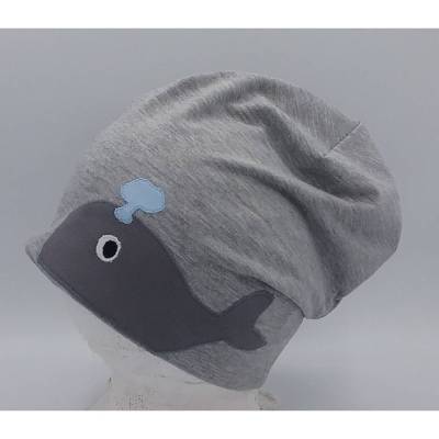 Beanie Mütze für Kinder hellgrau meliert,applizierter Walfisch, Babymütze
