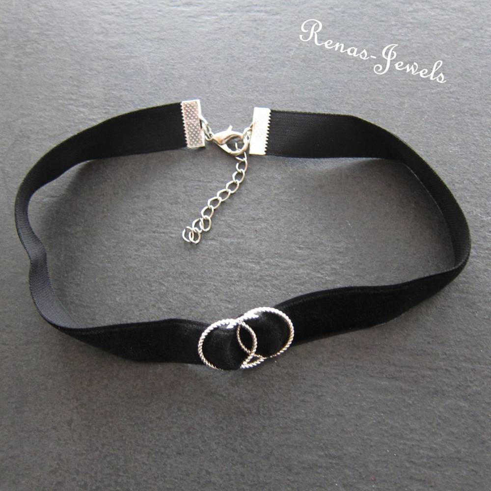Choker Kette schwarz Samtband mit silberfarbenen Schmuckringen  Kropfband Halsband  Damen