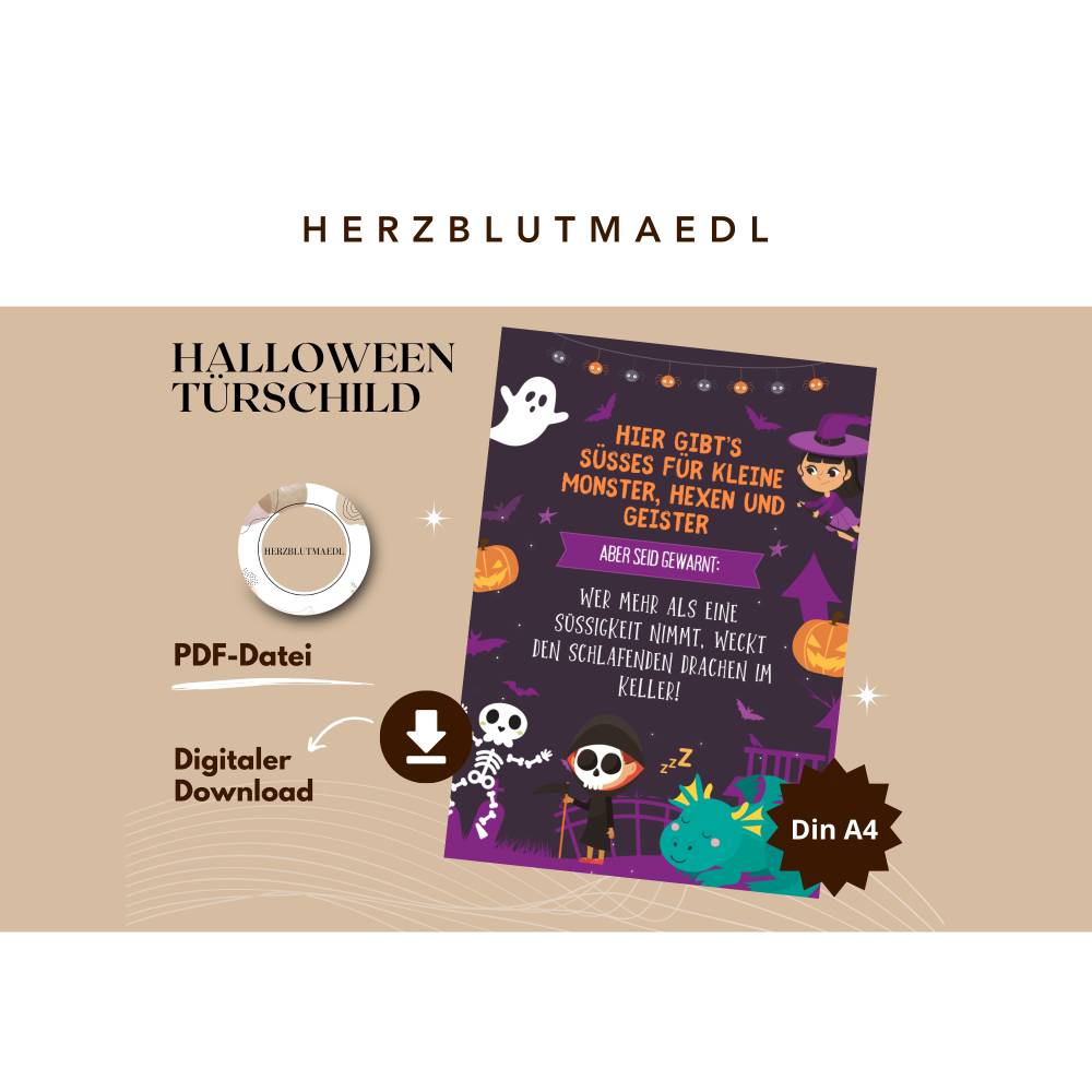 Gruselige Halloween Haus Deko - Türschild mit Skelett Motiv als Print in DIN A4 | Einzigartige Halloween Dekoration | Ki Bild 1