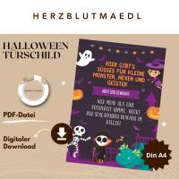 Gruselige Halloween Haus Deko - Türschild mit Skelett Motiv als Print in DIN A4 | Einzigartige Halloween Dekoration | Ki