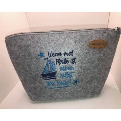 Schöne bestickte Kosmetiktasche/ Kulturtasche Segelboot Schiff Spruch