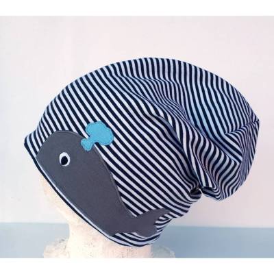 Beanie Mütze für Kinder blau weiß gestreift,applizierter Walfisch, Babymütze
