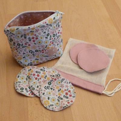 Geschenk-Set: Schminktäschchen + Abschminkpads weiß mit Blumenmotiv aus Biobaumwolle, Handarbeit