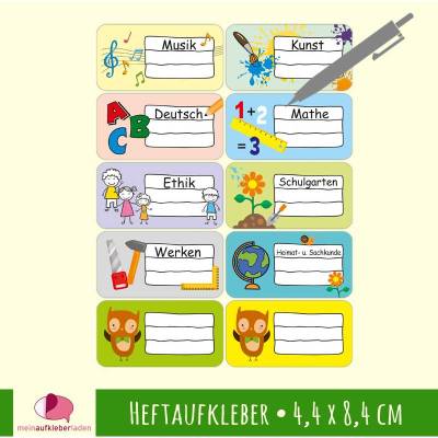 12 Heftaufkleber | Unterrichtsfächer - Grundschule - Schulaufkleber zum selbstbeschriften - 4,4 x 8,4 cm