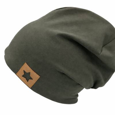 Beanie Mütze grün mit Ankerlabel für Kinder und Erwachsene, Jerseymütze Baumwolljersey unisex, Babymütze