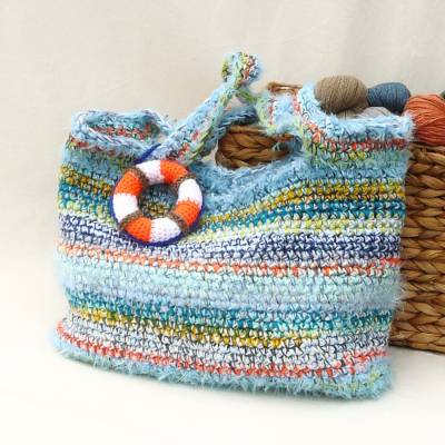 Tasche, Shopper, Schultertasche, Strandtasche, "Seenotretter" groß, bunt, Handarbeit, gehäkelt