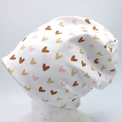 Beanie, Mütze, für Mädchen, cremeweiß,Herzmuster glitzergold,rosa,rehbraun, Wendemütze