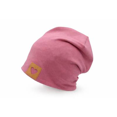 Mädchen Beanie rosa mit Herzpatch, Baby und Mädchen Mütze, Slouch Beanie Jersey, Übergangsmütze