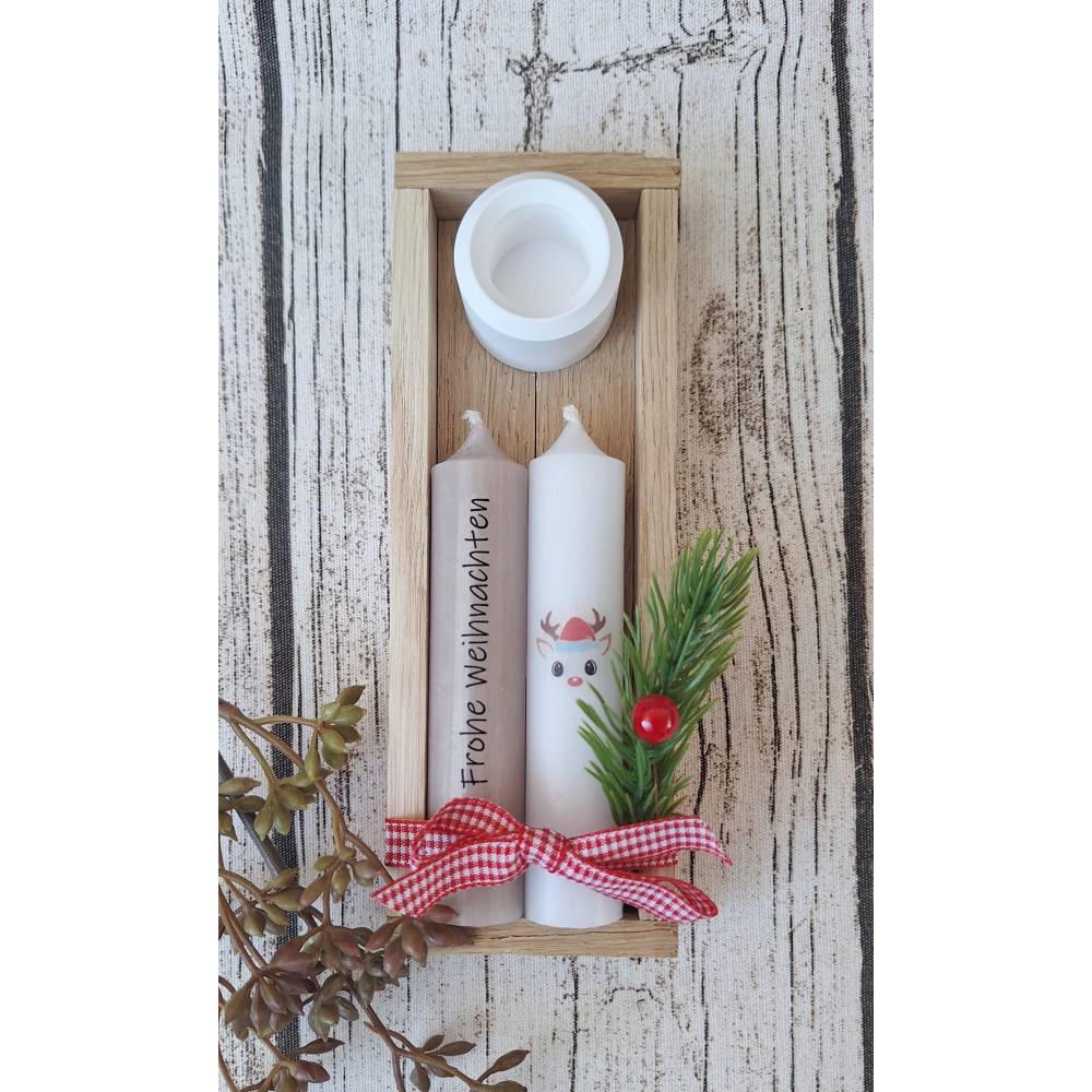 2 Stabkerzen mit Halter im Set in einer Eichen-Holzbox ~ Kerze 