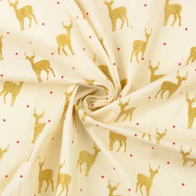 Weihnachtsstoff Baumwolle Popeline Glitzerdruck Reh creme/gold (1m/10,-€)