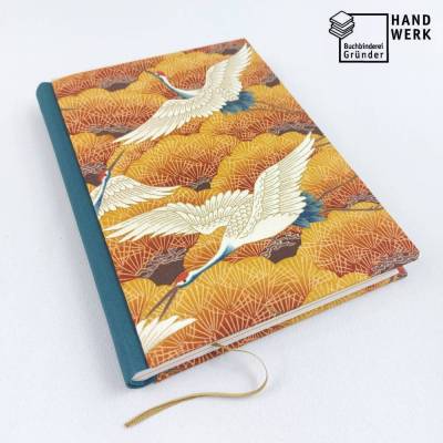 Notizbuch, Kraniche, DIN A5, 150 Blatt, handgefertigt, Bullet Journal, petrol