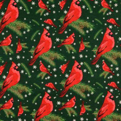 Weihnachtsstoff Baumwolle Popeline Vogel auf Tannenzweig dunkelgrün (1m/10,00€)