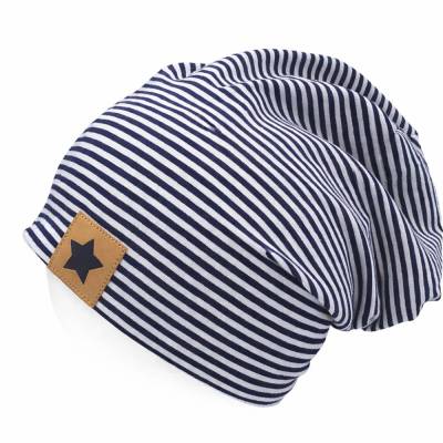Beanie Mütze blau weiß gestreift für Kinder und Erwachsene mit Sternpatch, Babymütze,Slouch Beanie unisex