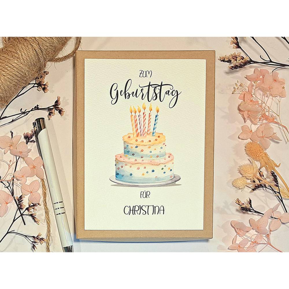 Geldgeschenk zum Geburtstag – Personalisierte Geschenkbox mit Geburtstagstorte im Aquarell Design Bild 1