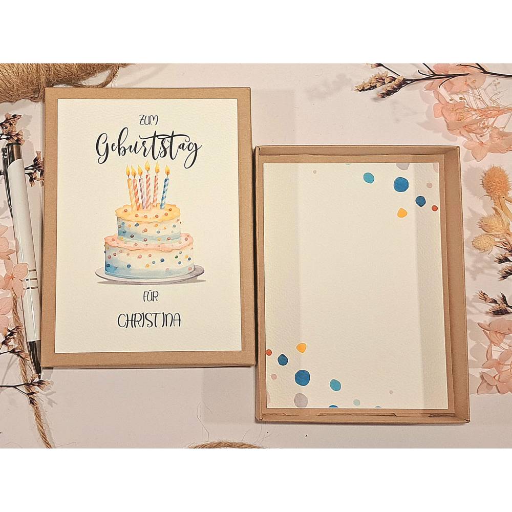 Geldgeschenk zum Geburtstag – Personalisierte Geschenkbox mit Geburtstagstorte im Aquarell Design Bild 3
