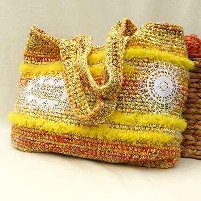 Tasche, Shopper, Schultertasche, Strandtasche, "Vintageliebe in Gelb", Handarbeit, gehäkelt