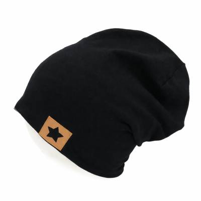 Beanie Mütze schwarz mit Sternlabel für Kinder und Erwachsene, Slouchy Beanie Baumwolljersey, Baumwollmütze unisex