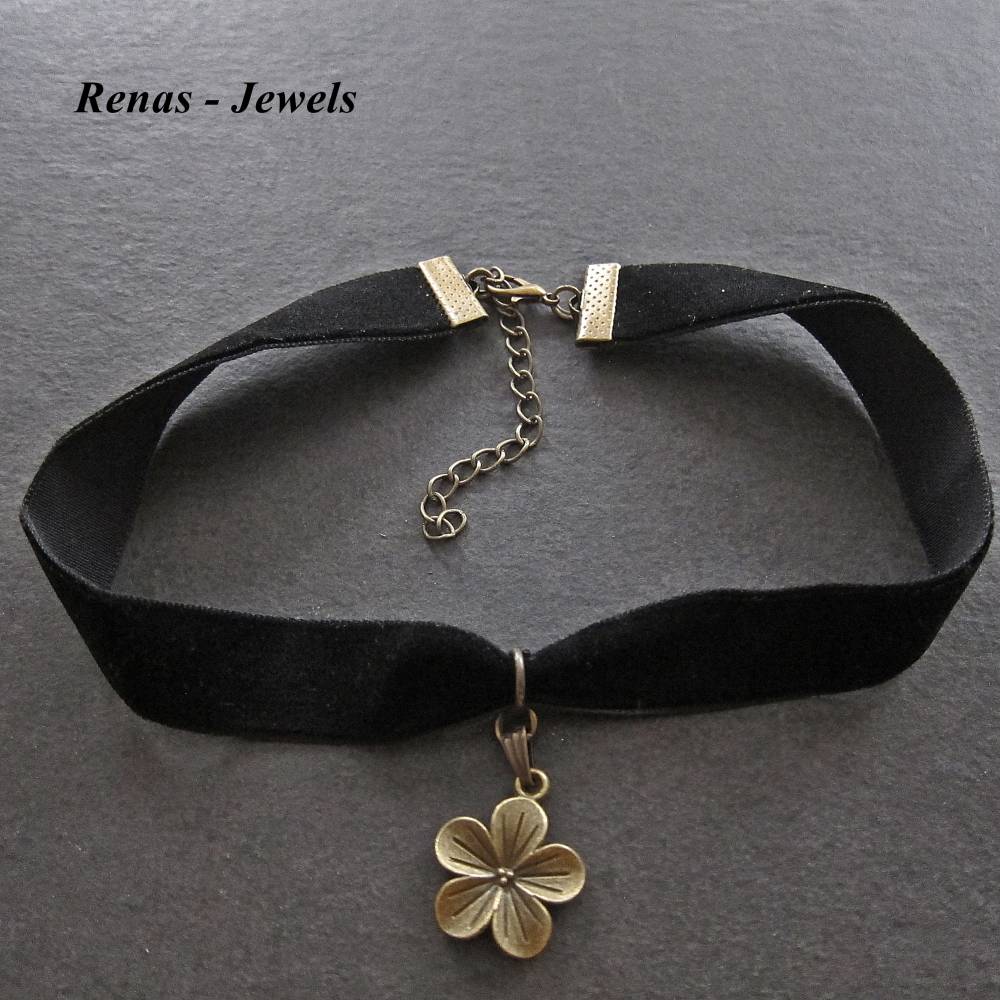 Kropfband schwarz bronzefarben mit Blumen Anhnger  Samt Choker Halsband  Damen Kropfkette Blume