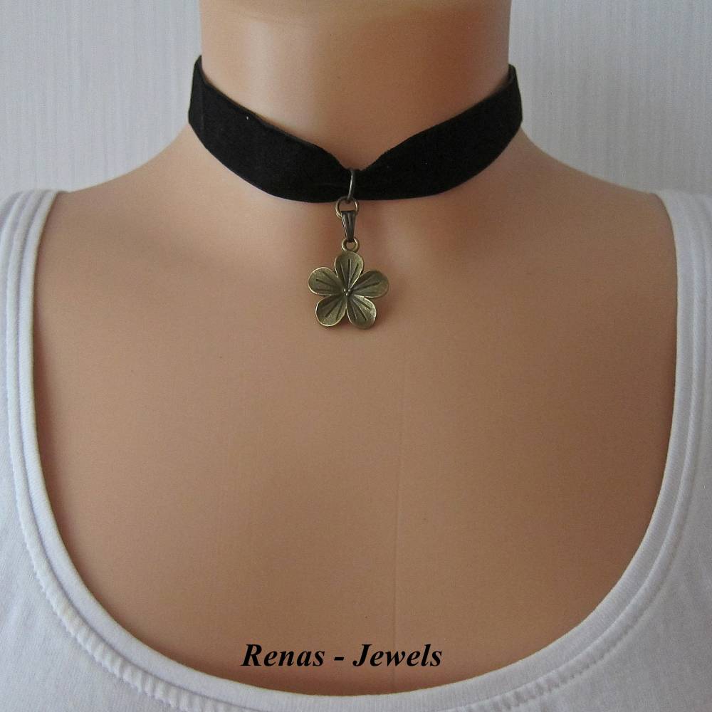 Kropfband schwarz bronzefarben mit Blumen Anhnger  Samt Choker Halsband  Damen Kropfkette Blume