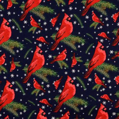 Weihnachtsstoff Baumwolle Popeline Vogel auf Tannenzweig dunkelblau (1m/10,00€)