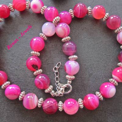 Edelsteinkette Streifen Achat pink weiß silberfarben Perlen Achatkette Perlenkette Edelstein Kette Collier