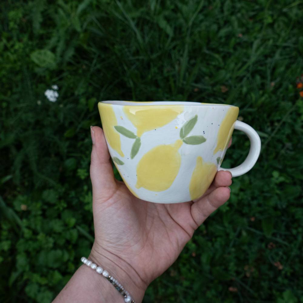 Tasse Zitrone handbemalt unregelmäßige Tasse Zitronenzweige - Keramikbecher Tasse Kaffeetasse Geschenk Limone