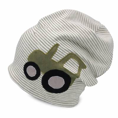 Beanie Mütze mit Traktor, Streifenmütze salbei weiß, Kinder Jersey Mütze, Übergangsmütze Jungen