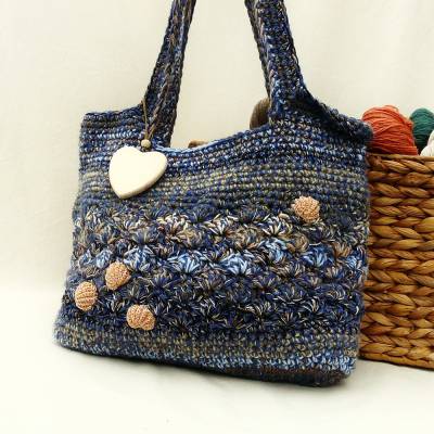 Tasche, Shopper, Schultertasche, Strandtasche, "Muschelsucher" blau, Handarbeit, gehäkelt