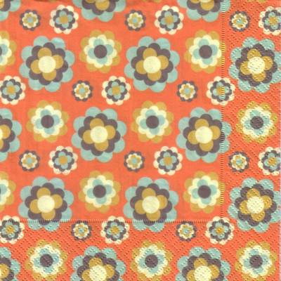 Lunchservietten 70er Retroblüten, mit kleinen und großem Blumen auf Orange