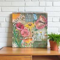 FLOWERS -10- Wandbild Gemälde Blumen Schmetterling auf Holz Leinwandbild Kunstdruck, Wanddeko im MixedMedia Landhausstil