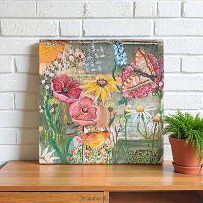 FLOWERS -10- Wandbild Gemälde Blumen Schmetterling auf Holz Leinwandbild Kunstdruck, Wanddeko im MixedMedia Landhausstil