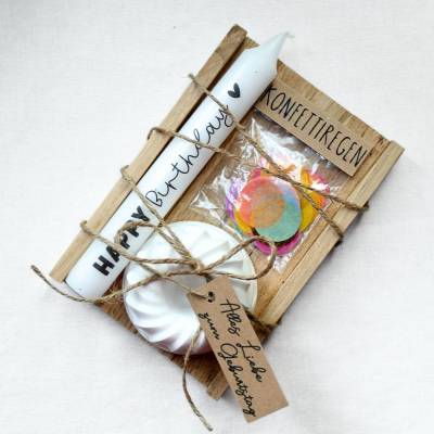 Geburtstags-Geschenkset mit Kerze, Kerzenhalter & Konfetti in edler Holzbox | Handgemacht & fertig zum Verschenken