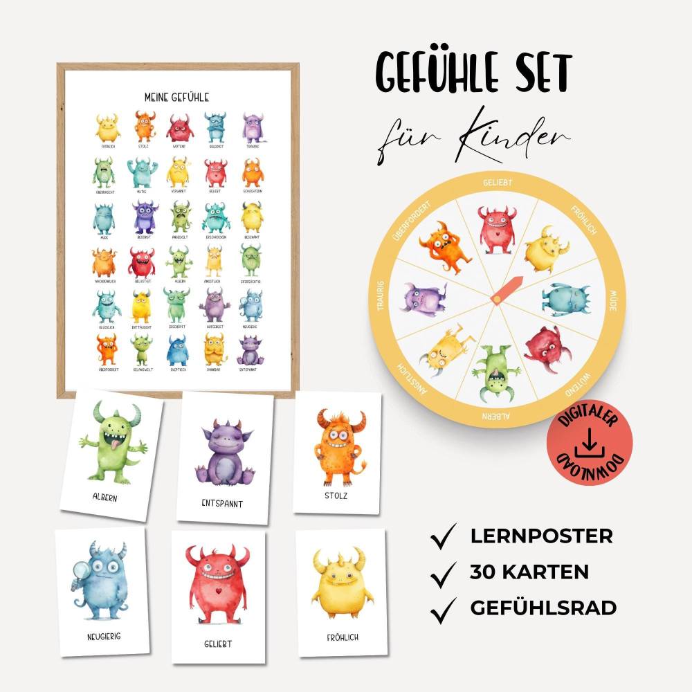 Gefühlskarten Kinder, Gefühle Kinder, Montessori Lernmaterial, Gefühle Set, Gefühlsrad für Kinder, Lernposter Gefühle, d Bild 1
