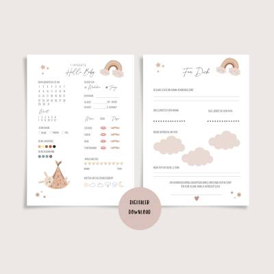 Babyparty Spiel Ausfüllkarten, Ratespiel und Wünsche-Karten Babyparty Boho Regenbogen, zum Ausdrucken 