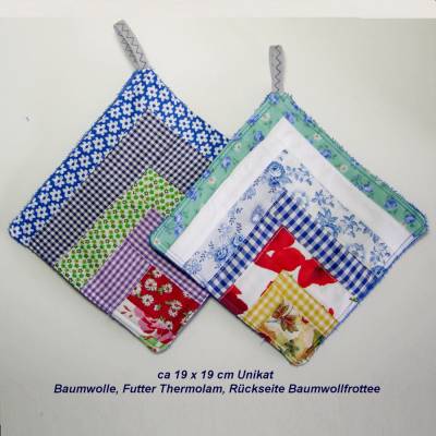 Topflappen-Set, Patchwork-Topflappen, Mitbringsel Umzug, bunte Mug Rug, 2er Set, 2 Tassen-Untersetzer bunte Unikat