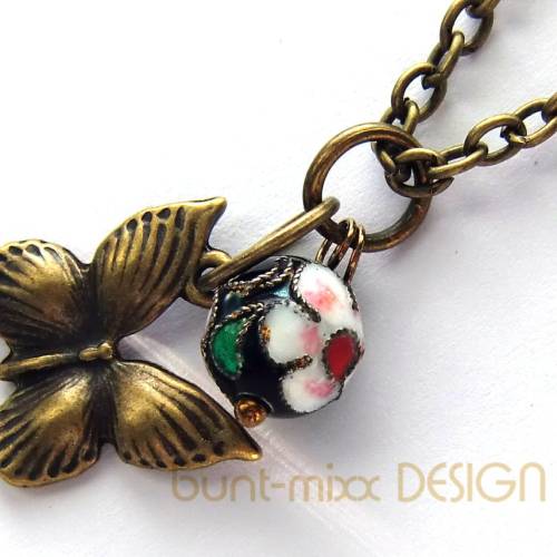 Kette mit Charm-Anhänger, butterfly, Cloisonne-Perle, bronzefarben,vintage stil, made by bunt-mixx-DESIGN