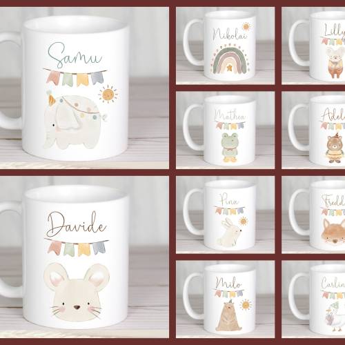 Geschenk Tasse Kind personalisiert, Kindertasse mit Namen Tiere, Tasse Motivwahl, Namenstasse Kinder