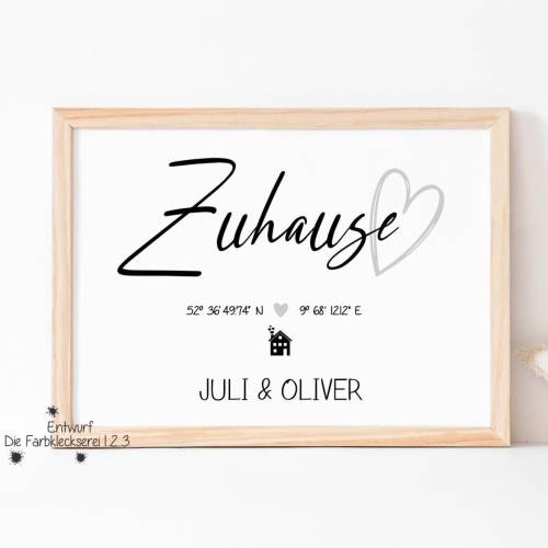 Geschenk zum Richtfest, Wandbild Koordinaten neues Zuhause, Geschenk zum Einzug