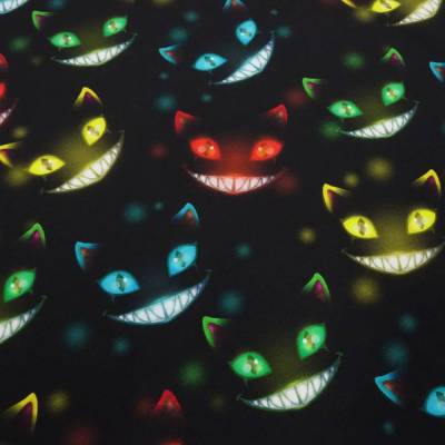 Stoff Baumwolle Jersey Ghost Cats Grinsekataze Design schwarz rot türkis gelb grün Kinderstoff Kleiderstoff