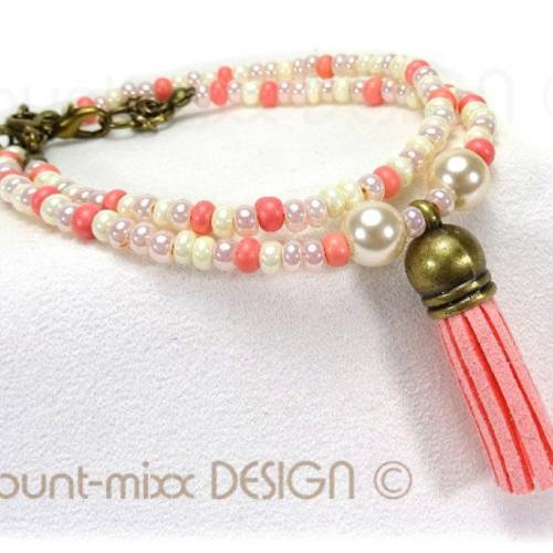 2 Armbänder, SET Armband, Quaste Tassel, aprikot rosé offwhite, bronzefarben. Freundschaftsarmband. Made by BuntMixxDESI