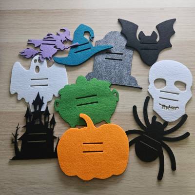 Set: 10 Halloweenmotive aus Filz mit Schlitzen für einen Geldschein / Schokoriegel