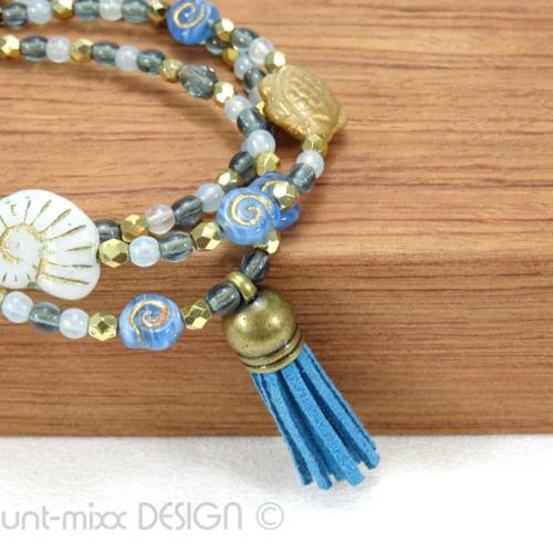 3 Armbänder, Armband SET, Tassel Armband, blau weiß maritim, Schneckenhaus, Schildkröte, bronzefarben, Handmade by BuntM