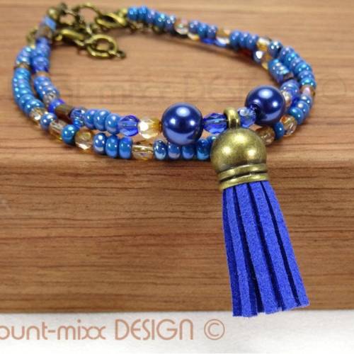 Armband, SET 2 Armbänder, Quaste Tassel, royalblau natural blue bronzefarben, Geschenk für Frauen, handmade by BuntMixxD