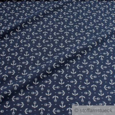 0,5 Meter Stoff Kinderstoff Baumwolle Elastan Single Jersey dunkelblau Anker weiß