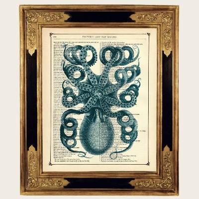 Blauer Oktopus Kraken Tentakeln Meer Poster - Steampunk Kunstdruck auf antiker viktorianischer Buchseite
