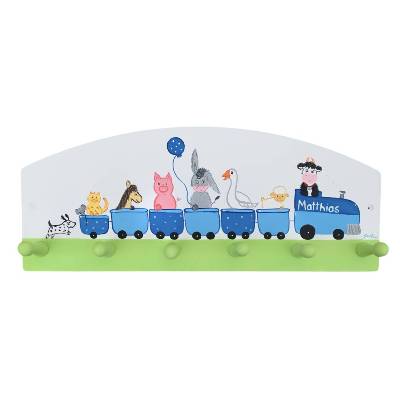 Kindergarderobe Tierparade Bauernhof weiß blau – personalisierbar, handbemalt, Kinderzimmer Garderobe