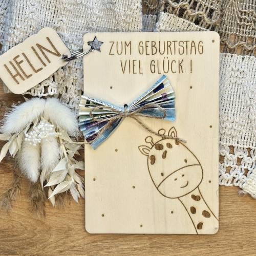 Geburtstagskarte Kind personalisiert Holz, Glückwunschkarte Namen Giraffe, Schlüsselanhänger Name