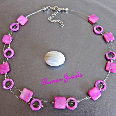 Perlmuttkette kurz pink silberfarben zweireihig – Handgefertigte Kette mit Perlmutt Ringen & Quadraten