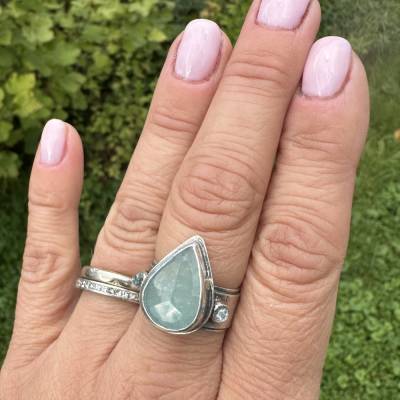 Aquamarin Silberring mit Blumen, Statement Bandring, 925 Sterling Silber, Unikat, Sky Blue Topas