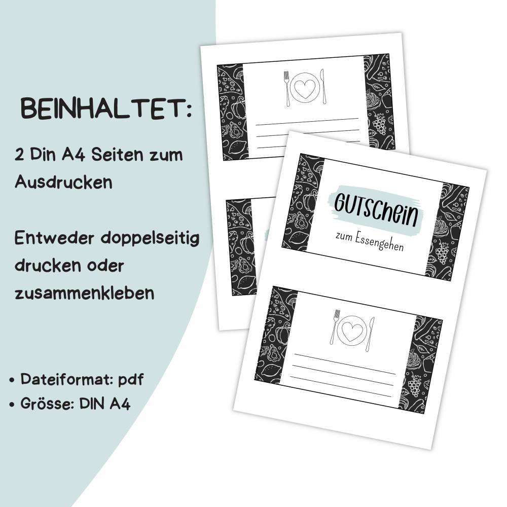 Gutschein für Essengehen Druckvorlage - Restaurant Gutschein Vorlage als Last Minute Geschenk - Digitaler Download Bild 2
